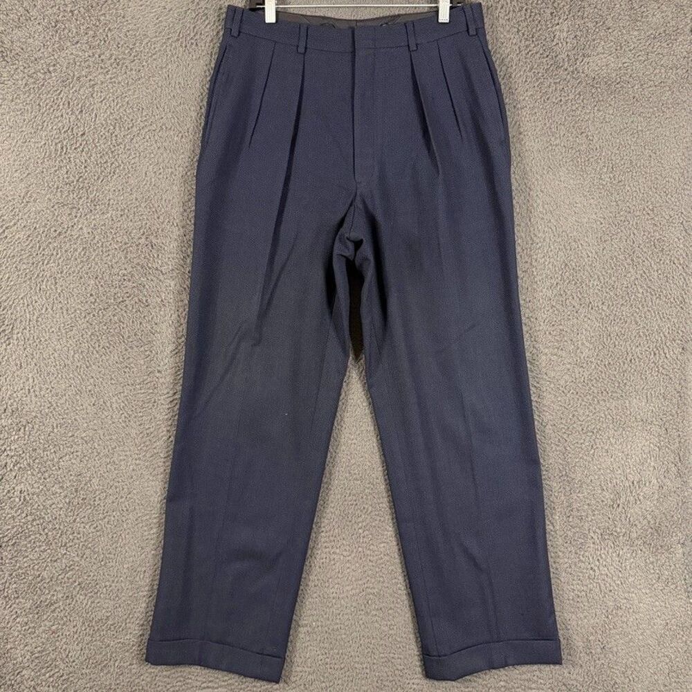 Vtg Brooks Brothers Dress Pants Mens 32x32 Blue Classic Fit Wool Pleated Cuffed